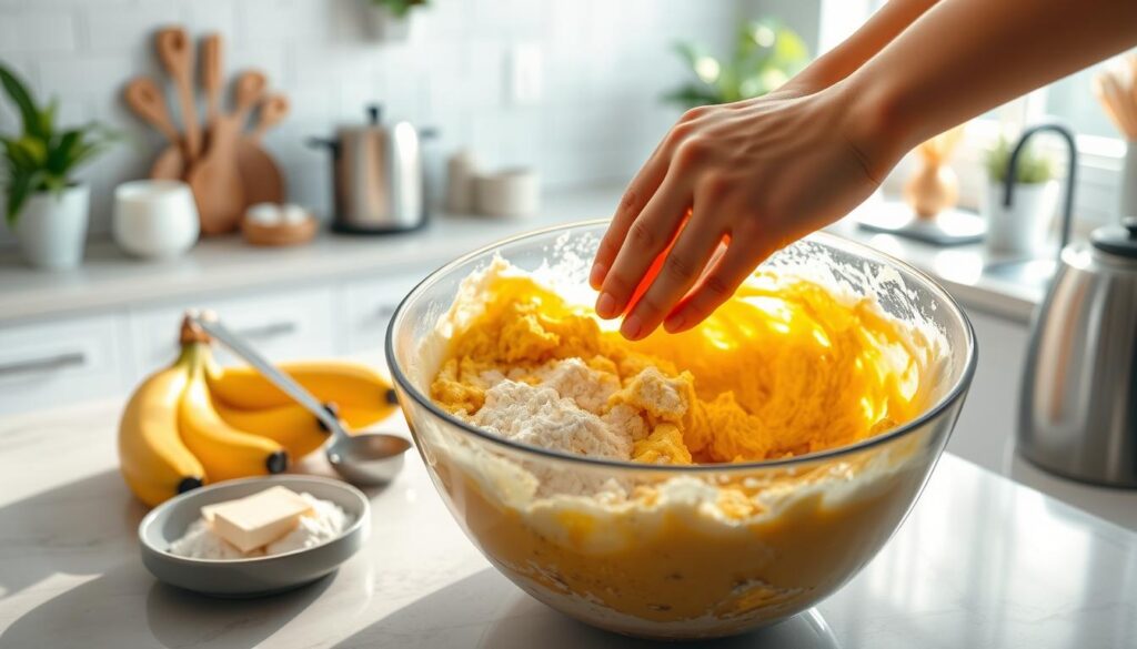 preparing vegan banana bread batter