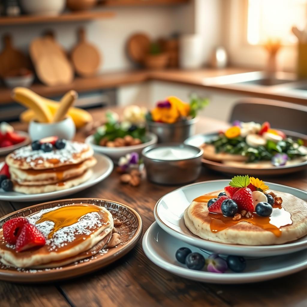 A beautiful brunch setup featuring an array of flavorful pancake options arranged artfully on a rustic wooden table. In the foreground, fluffy pancakes topped with fresh berries, a drizzle of honey, and a sprinkle of powdered sugar. Beside them, savory options like spinach and feta pancakes served with a side of Greek yogurt dip. In the middle ground, colorful garnishes, such as sliced bananas, nuts, and vibrant edible flowers, add visual interest. The background showcases a softly blurred kitchen setting bathed in warm, natural light, creating a cozy, inviting atmosphere. The scene is captured from a slightly elevated angle, showcasing the textures and colors, encouraging a sense of appetizing delight and indulgence in low-calorie options.