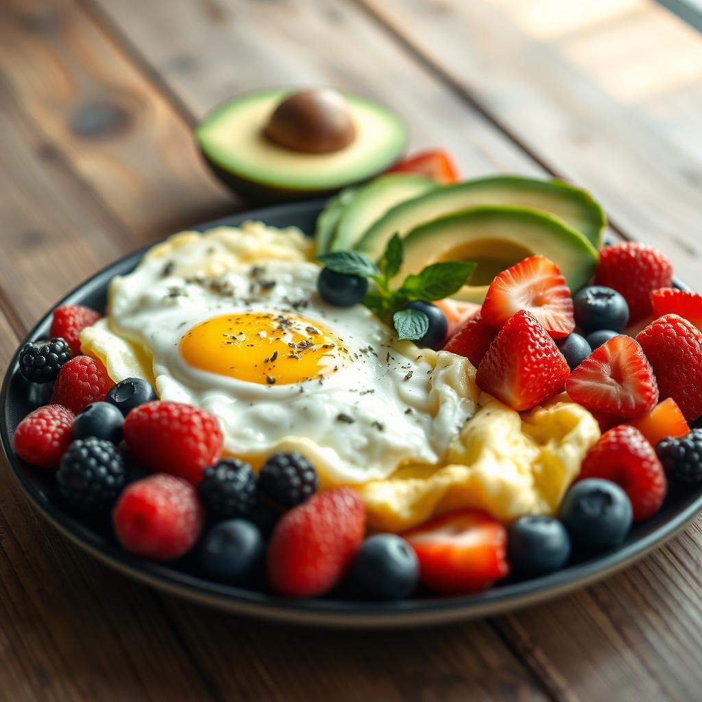 A beautifully arranged balanced brunch plate featuring perfectly cooked scrambled eggs, vibrant mixed berries including strawberries, blueberries, and raspberries, and slices of ripe avocado. The eggs should be fluffy and garnished with a sprinkle of fresh herbs. In the background, a rustic wooden table adds warmth, with a soft, natural light illuminating the scene, enhancing the freshness of the ingredients. A light, airy atmosphere evokes a sense of health-conscious indulgence. The angle is slightly above the plate, capturing the colorful assortment of fruits that contrast beautifully with the golden hue of the eggs. The focus is sharp on the plate, with a blurred background that emphasizes the brunch’s appealing presentation. The mood is inviting and energizing, perfect for a quick, healthy meal.