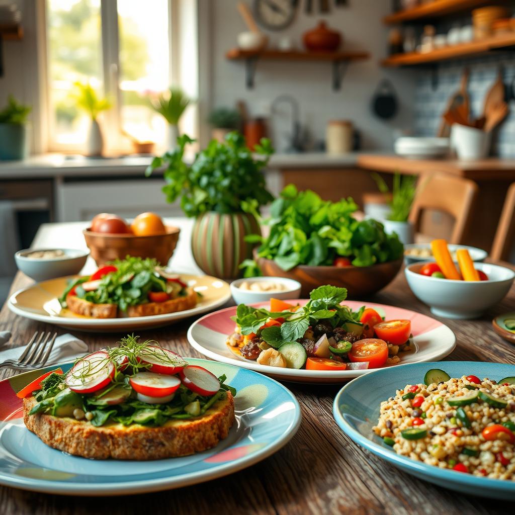A beautifully arranged brunch table brimming with vibrant, veggie-loaded dishes. In the foreground, colorful plates showcase a variety of dishes: a hearty avocado toast topped with radishes and microgreens, a frittata overflowing with spinach, peppers, and onions, and a fresh quinoa salad dotted with cherry tomatoes and cucumber. In the middle ground, a rustic wooden table is adorned with a bouquet of fresh herbs and small bowls of hummus with vegetable sticks. The background features a cozy kitchen with soft, natural lighting streaming through a window, highlighting an inviting atmosphere. Use a shallow depth of field to emphasize the food while gently blurring the kitchen scene, evoking a warm, relaxed mood perfect for a leisurely brunch gathering.