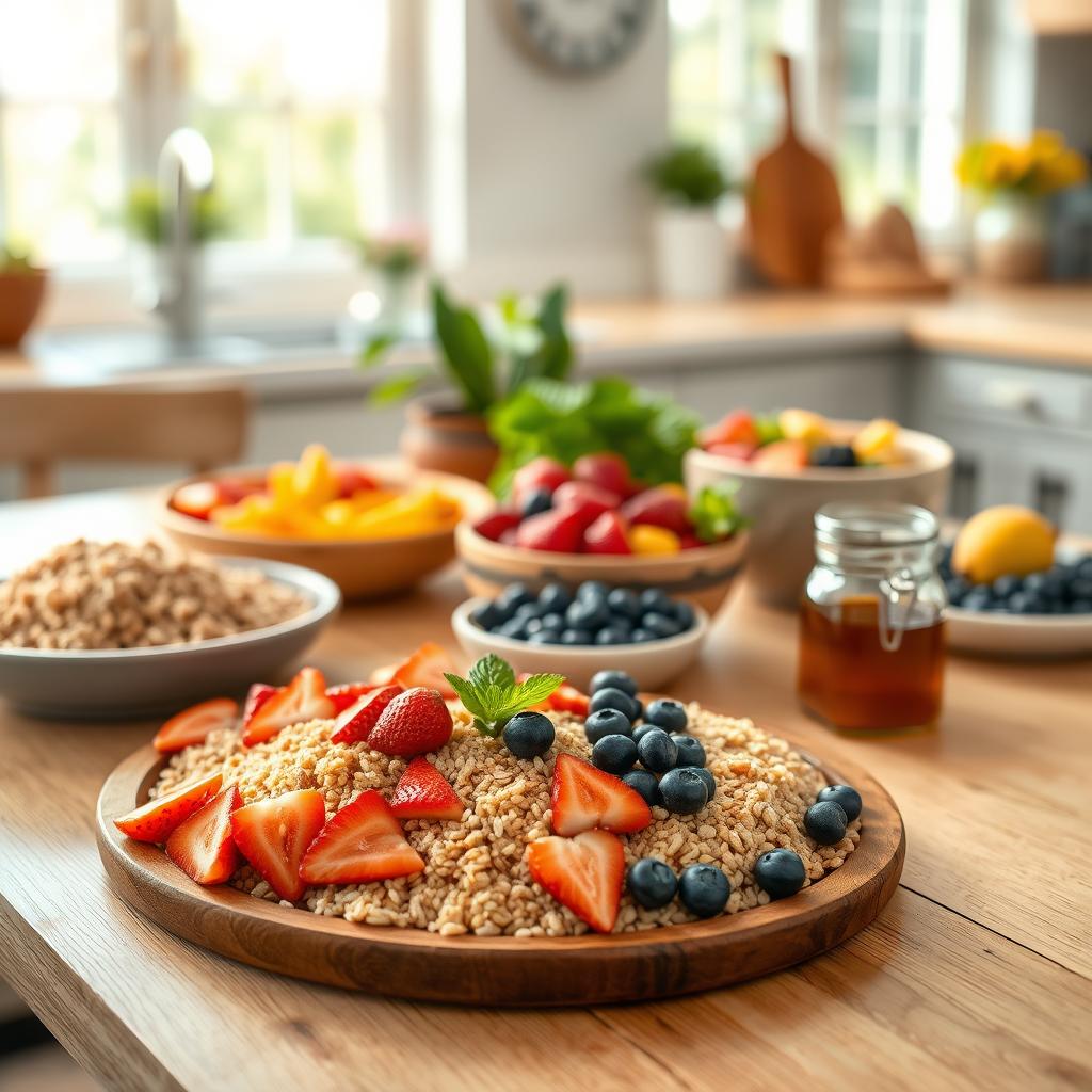 A beautifully arranged brunch table featuring an inviting spread of whole grains and fresh fruits. In the foreground, showcase a wooden platter overflowing with a variety of whole grain options such as quinoa, brown rice, and bulgur. Surround these with vibrant fresh fruits, including sliced strawberries, blueberries, and kiwi, adding pops of color. In the middle ground, include rustic bowls filled with a colorful fruit salad and a small jar of honey. The background should depict a sunlit kitchen setting with large windows, casting soft, natural light over the scene. Use a shallow depth of field to softly blur the background, emphasizing the freshness and healthiness of the food. The overall mood is warm, inviting, and wholesome, perfect for a clean living lifestyle.