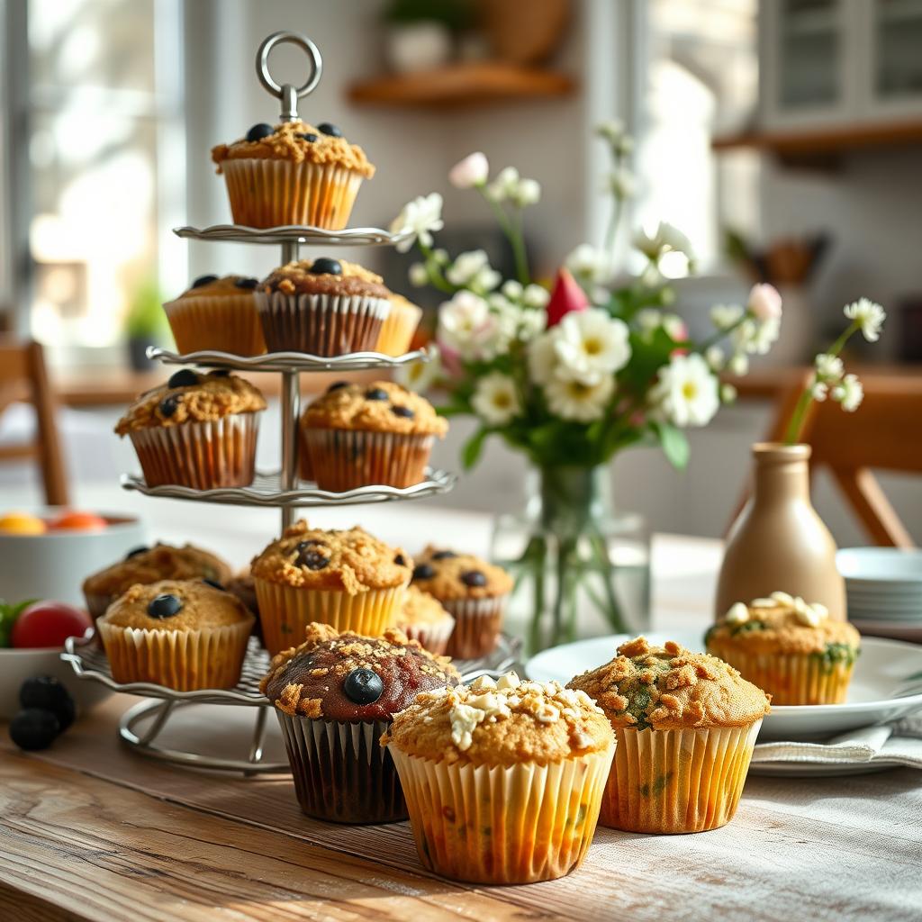 A beautifully arranged brunch table showcasing an assortment of creative muffins. In the foreground, several muffins are displayed in an elegant tiered stand, each boasting vibrant colors and unique toppings, such as blueberry crumble, lemon poppy seed, and spinach-feta. The middle ground features a rustic wooden tabletop adorned with fresh fruits and delicate flower arrangements. Soft natural lighting streams in from a nearby window, casting gentle shadows and highlighting the textures of the muffins. The background includes blurred kitchen elements, adding to the cozy brunch atmosphere. The scene exudes a warm, inviting mood, perfect for a nutritious and visually appealing meal. Focus on realistic details to emphasize the delicious freshness of these clean-eating muffins.