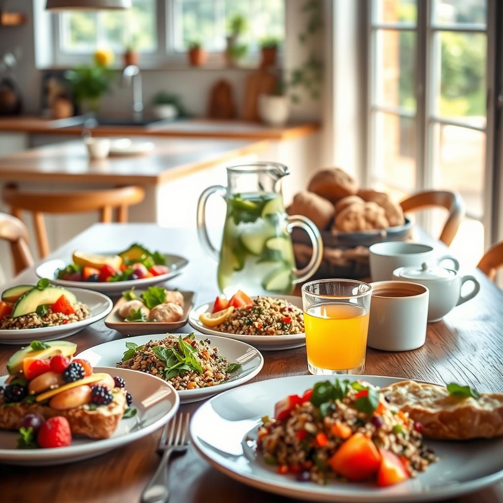 A beautifully arranged brunch table showcasing whole-food, plant-based dishes. In the foreground, a wooden table set with colorful, vibrant plates filled with avocado toast, quinoa salad, fresh fruits, and herbal teas, all garnished elegantly. In the middle ground, a soft-focus pitcher of infused water with citrus and mint, alongside a rustic wooden board displaying assorted whole-grain breads. The background features a sunny kitchen with large windows, letting in natural light that casts a warm glow on the scene. A modern sense of harmony and healthiness permeates the atmosphere, ideal for inspiring a delightful gathering. Camera angle set at a slightly elevated position to capture the entire table setting, ensuring the image radiates an inviting and refreshing brunch vibe.