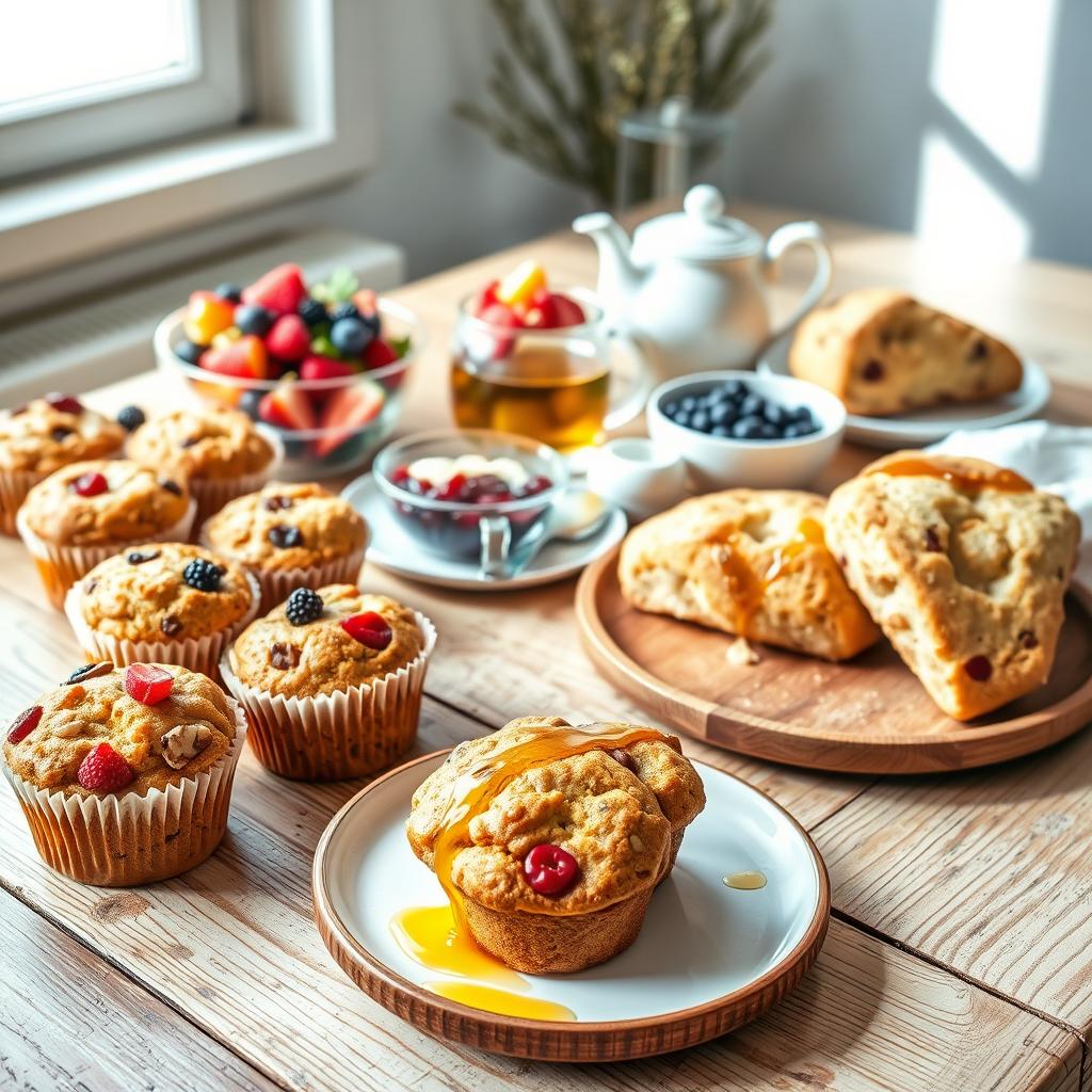 A beautifully arranged display of freshly baked muffins and scones on a rustic wooden table, surrounded by light, airy brunch elements. In the foreground, a variety of muffins with vibrant fruits, nuts, and a drizzling of honey, alongside flaky scones with clotted cream and jams, capturing a wholesome vibe. In the middle, an assortment of plates and bowls filled with colorful berries and a steaming pot of herbal tea. The background features soft, natural light streaming through a window, enhancing the inviting atmosphere with gentle shadows. The scene evokes a sense of comfort and indulgence, perfect for a healthy brunch experience. The composition is shot from a slightly elevated angle, focusing on the textures and colors of the baked goods.