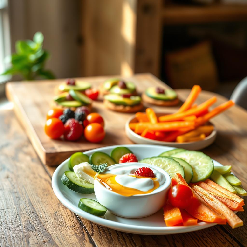 A beautifully arranged display of low-calorie snack options on a rustic wooden table, illuminated by soft, natural sunlight filtering through a nearby window. In the foreground, vibrant, fresh vegetables like sliced cucumbers, cherry tomatoes, and carrot sticks are artistically arranged on a white ceramic plate. Beside them, a bowl of Greek yogurt garnished with berries and a drizzle of honey adds a touch of sweetness. In the middle background, whole grain rice cakes topped with avocado and sprinkled with sea salt are presented, showcasing their texture. The atmosphere feels inviting and health-focused, perfect for an article on guilt-free healthy snacks, evoking a sense of freshness and well-being. Capture this scene from a slightly elevated angle to enhance the layered composition, ensuring clarity and detail in the snacks.