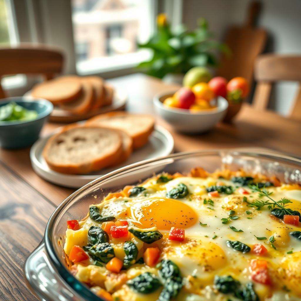 A beautifully arranged make-ahead brunch casserole, showcasing layers of fluffy eggs, sautéed spinach, diced bell peppers, and a sprinkle of cheese melted to perfection. In the foreground, the casserole dish is elegantly garnished with fresh herbs, inviting a sense of homemade warmth. The middle ground features a rustic wooden table with colorful brunch accompaniments, including slices of whole-grain bread and a bowl of mixed fruit. In the background, soft natural lighting filters through a nearby window, casting pleasant shadows and creating an inviting, cozy atmosphere. The scene is captured with a shallow depth of field, drawing attention to the savory casserole while the surroundings subtly complement the overall mood of a healthy and hearty meal prep concept. A beautifully arranged make-ahead brunch casserole, showcasing layers of fluffy eggs, sautéed spinach, diced bell peppers, and a sprinkle of cheese melted to perfection. In the foreground, the casserole dish is elegantly garnished with fresh herbs, inviting a sense of homemade warmth. The middle ground features a rustic wooden table with colorful brunch accompaniments, including slices of whole-grain bread and a bowl of mixed fruit. In the background, soft natural lighting filters through a nearby window, casting pleasant shadows and creating an inviting, cozy atmosphere. The scene is captured with a shallow depth of field, drawing attention to the savory casserole while the surroundings subtly complement the overall mood of a healthy and hearty meal prep concept.