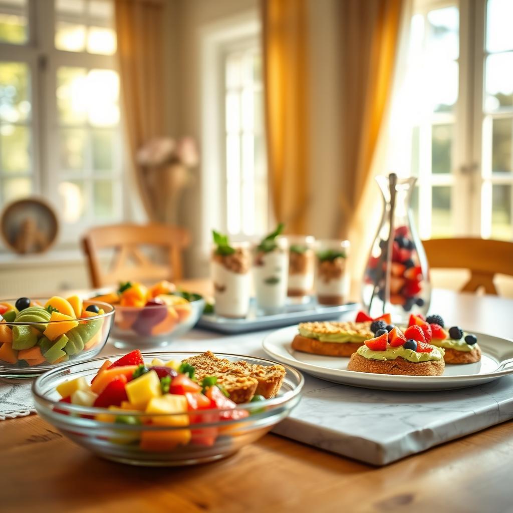 A beautifully arranged make-ahead brunch table set in a sunlit kitchen, showcasing an assortment of low-calorie brunch dishes. In the foreground, feature a vibrant fruit salad in a clear bowl, colorful vegetable frittatas sliced into wedges, and a platter of whole grain toast with avocado spread. The middle ground includes a delicate tray of yogurt parfaits layered with granola and berries, and an elegant glass carafe filled with infused water. In the background, a large window allows warm, natural light to flood the space, with soft curtains gently swaying. The atmosphere is inviting and relaxed, perfect for a stress-free brunch gathering. Capture the scene with a soft focus on the details, using a shallow depth of field to emphasize the dishes, with an overall bright and cheerful ambiance.