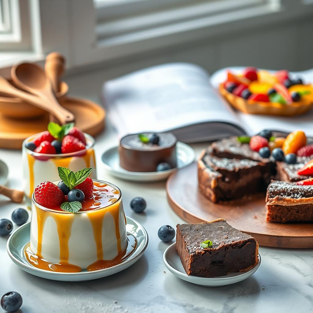 A beautifully arranged table featuring innovative twists on classic desserts, showcasing guilt-free options. In the foreground, a vibrant Italian panna cotta infused with fresh berries and a drizzle of honey, garnished with mint leaves. Beside it, gluten-free chocolate lava cake, oozing rich, dark chocolate with a dusting of cocoa powder. In the middle ground, an elegant fruit tart made with a whole grain crust, topped with colorful seasonal fruits and a light yogurt glaze. The background features soft-focus kitchen elements, like wooden utensils and a recipe book opened to a healthy dessert section. Natural lighting streams in from a nearby window, creating a warm, inviting atmosphere. The composition exudes creativity and healthiness, appealing to dessert lovers seeking healthier options.