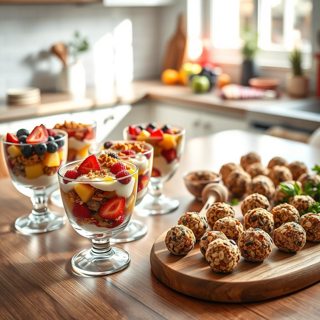 A beautifully arranged table showcasing an array of guilt-free desserts that strike a perfect balance between sweetness and nutrition. In the foreground, a selection of colorful fruit parfaits layered with yogurt and granola sits in elegant glass bowls, glistening in soft, natural light. A wooden serving board holds an assortment of bite-sized, nutrient-dense energy balls made from nuts, seeds, and dried fruits. In the middle ground, a cozy kitchen environment features a smooth, clean countertop adorned with fresh fruits and herbs, suggesting the use of natural ingredients. In the background, the soft focus reveals a window with gentle sunlight filtering through, creating an inviting atmosphere. The scene conveys a sense of health, indulgence, and joy in every bite, inspiring viewers to enjoy nutritious yet sweet treats. A beautifully arranged table showcasing an array of guilt-free desserts that strike a perfect balance between sweetness and nutrition. In the foreground, a selection of colorful fruit parfaits layered with yogurt and granola sits in elegant glass bowls, glistening in soft, natural light. A wooden serving board holds an assortment of bite-sized, nutrient-dense energy balls made from nuts, seeds, and dried fruits. In the middle ground, a cozy kitchen environment features a smooth, clean countertop adorned with fresh fruits and herbs, suggesting the use of natural ingredients. In the background, the soft focus reveals a window with gentle sunlight filtering through, creating an inviting atmosphere. The scene conveys a sense of health, indulgence, and joy in every bite, inspiring viewers to enjoy nutritious yet sweet treats.