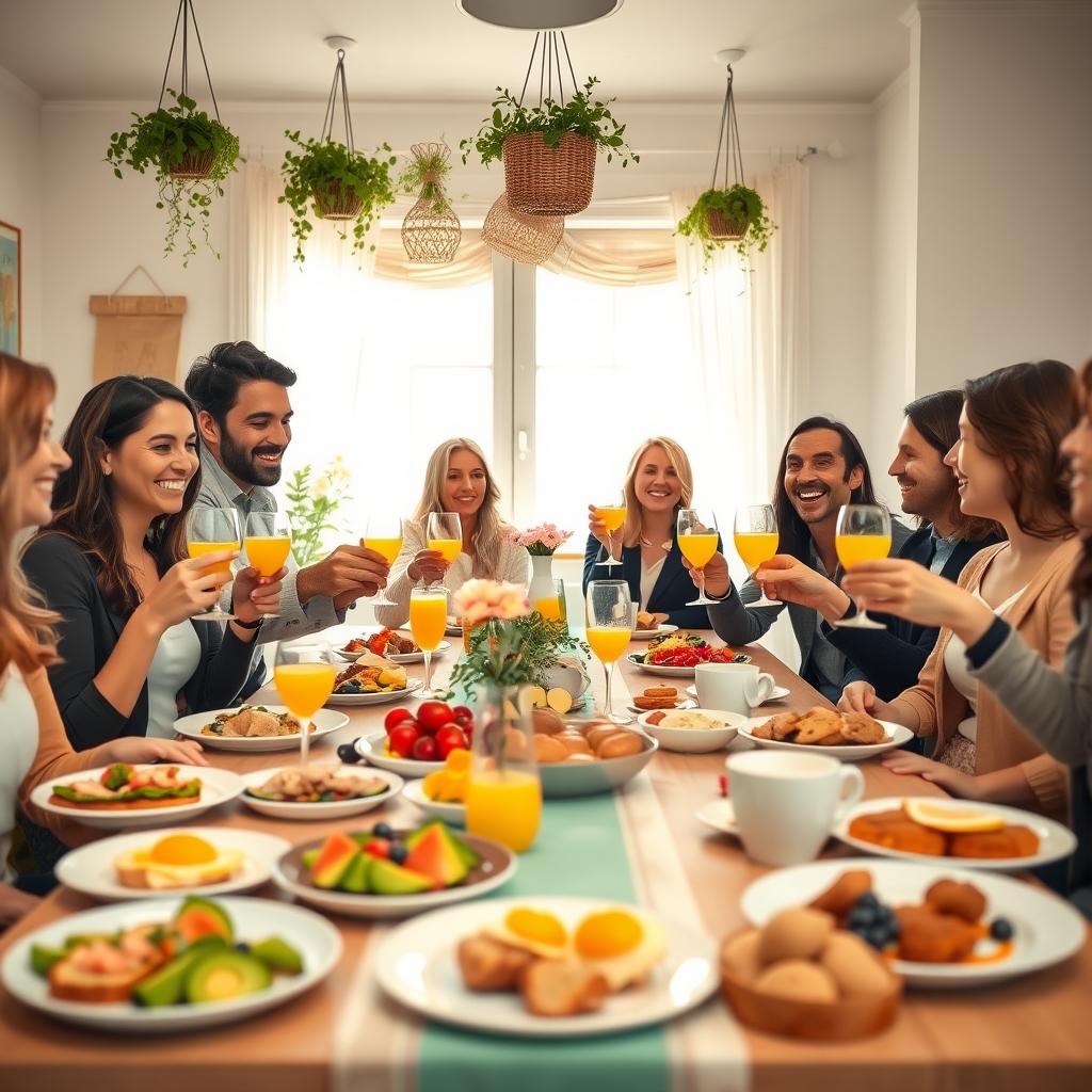 A cozy and inviting brunch party scene set in a well-decorated home dining area. In the foreground, an elegantly arranged table features a variety of colorful, healthy brunch dishes such as avocado toast, fresh fruit platters, and artisanal pastries, all presented on ceramic plates. Several guests are enjoying themselves, dressed in smart casual attire, smiling and clinking their glasses filled with fresh juices or mimosas. In the middle ground, soft natural lighting filters through large windows, casting a warm glow over the scene, while hanging plants add a touch of greenery. In the background, tasteful decorations like pastel-colored table runners and minimalist wall art create a relaxed yet stylish atmosphere, evoking a sense of camaraderie and joy. The overall mood is cheerful and welcoming, perfect for a successful brunch gathering.
