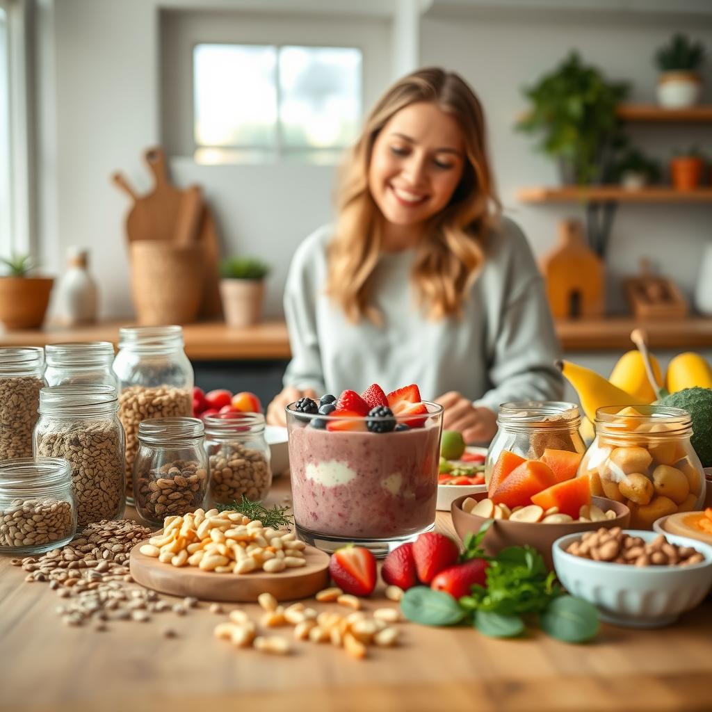 A vibrant kitchen setting with a diverse range of healthy snacks beautifully arranged on a wooden table. In the foreground, a young woman wearing a comfortable yet stylish outfit is thoughtfully selecting from an array of colorful fruits, nuts, and whole grain options, showcasing the concept of personalizing snack choices. Surrounding her, jars filled with seeds, healthy dips, and herbs add an inviting touch. In the middle, a slightly blurred focus on a smoothie bowl topped with fresh berries emphasizes creativity in healthy eating. The background features soft, natural light filtering through a window, creating a warm and welcoming atmosphere. Shoot from a slight angle to capture depth and detail, highlighting the joy of making guilt-free snack decisions. A vibrant kitchen setting with a diverse range of healthy snacks beautifully arranged on a wooden table. In the foreground, a young woman wearing a comfortable yet stylish outfit is thoughtfully selecting from an array of colorful fruits, nuts, and whole grain options, showcasing the concept of personalizing snack choices. Surrounding her, jars filled with seeds, healthy dips, and herbs add an inviting touch. In the middle, a slightly blurred focus on a smoothie bowl topped with fresh berries emphasizes creativity in healthy eating. The background features soft, natural light filtering through a window, creating a warm and welcoming atmosphere. Shoot from a slight angle to capture depth and detail, highlighting the joy of making guilt-free snack decisions.