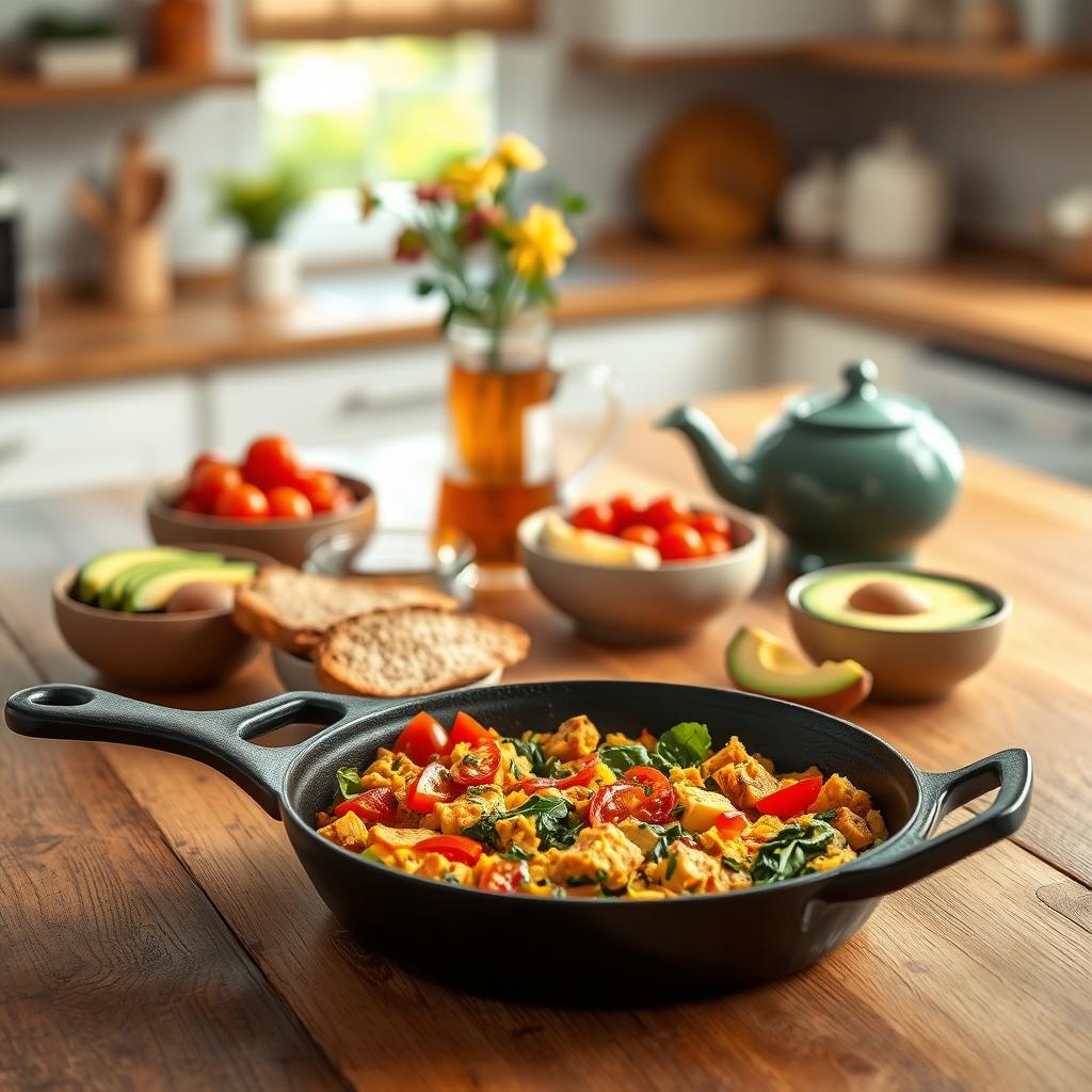 A vibrant, neatly arranged tofu scramble served on a rustic wooden table, showcasing a variety of colorful ingredients like bell peppers, spinach, and tomatoes mixed in. In the foreground, a cast-iron skillet holds a golden-brown tofu scramble, sprinkled with fresh herbs. Surrounding the skillet are small bowls filled with avocado slices, cherry tomatoes, and whole-grain toast, adding a wholesome touch. In the middle ground, a steaming cup of herbal tea and a small vase with fresh flowers enhance the brunch atmosphere. The background features a soft-focus kitchen setting with natural lighting filtering through a window, creating a warm and inviting ambiance. Overall, the scene is cozy and welcoming, perfect for a plant-based brunch inspiration.