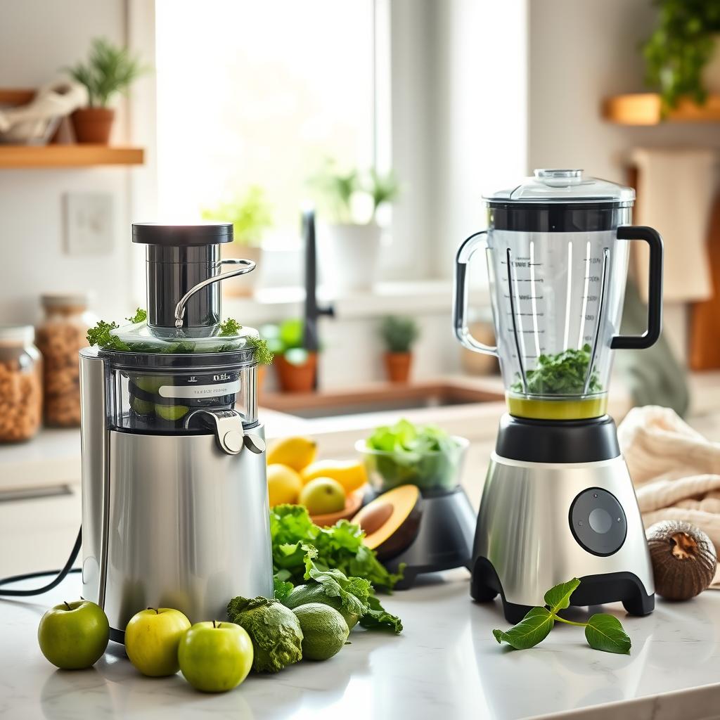 A well-lit kitchen countertop showcasing a modern juicer and a sleek blender side by side, highlighting their unique designs and functionalities. In the foreground, the juicer features a glossy finish with fresh green apples, kale, and cucumbers, while the blender is surrounded by vibrant ingredients like spinach, avocado, and pineapple, ready for smoothie-making. The middle ground emphasizes the contrasting textures of the juicer’s smooth body against the blender's sturdy base. Soft, natural light filters through a nearby window, creating a warm and inviting atmosphere. The background includes kitchen essentials like glass jars filled with nuts and seeds, plants, and soft kitchen towels, enhancing the healthy, detox vibe. Use a slightly elevated angle to capture the details, creating a balanced and engaging composition. A well-lit kitchen countertop showcasing a modern juicer and a sleek blender side by side, highlighting their unique designs and functionalities. In the foreground, the juicer features a glossy finish with fresh green apples, kale, and cucumbers, while the blender is surrounded by vibrant ingredients like spinach, avocado, and pineapple, ready for smoothie-making. The middle ground emphasizes the contrasting textures of the juicer’s smooth body against the blender's sturdy base. Soft, natural light filters through a nearby window, creating a warm and inviting atmosphere. The background includes kitchen essentials like glass jars filled with nuts and seeds, plants, and soft kitchen towels, enhancing the healthy, detox vibe. Use a slightly elevated angle to capture the details, creating a balanced and engaging composition.