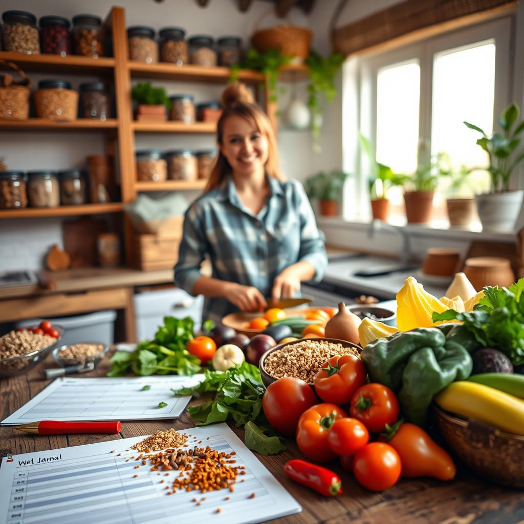 A well-organized kitchen workspace showcasing a vibrant meal planning scene. In the foreground, a rustic wooden table is covered with colorful ingredients like fresh vegetables, whole grains, and spices, alongside a neatly arranged meal planner with handwritten notes. In the middle ground, a person in casual yet professional attire, engaged in meal prep, is chopping vegetables with a cheerful expression. The background features open shelves stocked with jars of legumes and grains, with plants in pots adding a touch of greenery. Soft, natural lighting streams through a nearby window, creating a warm and inviting atmosphere, highlighting the concept of time-saving meal planning for a healthy diet. A shallow depth of field focuses on the meal prep action, enhancing the sense of productivity and care in creating nutritious meals.